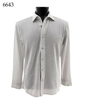 Bassiri Long Sleeve Button Down Casual Printed Men's Shirt - Zig Zag Stripes White #6643