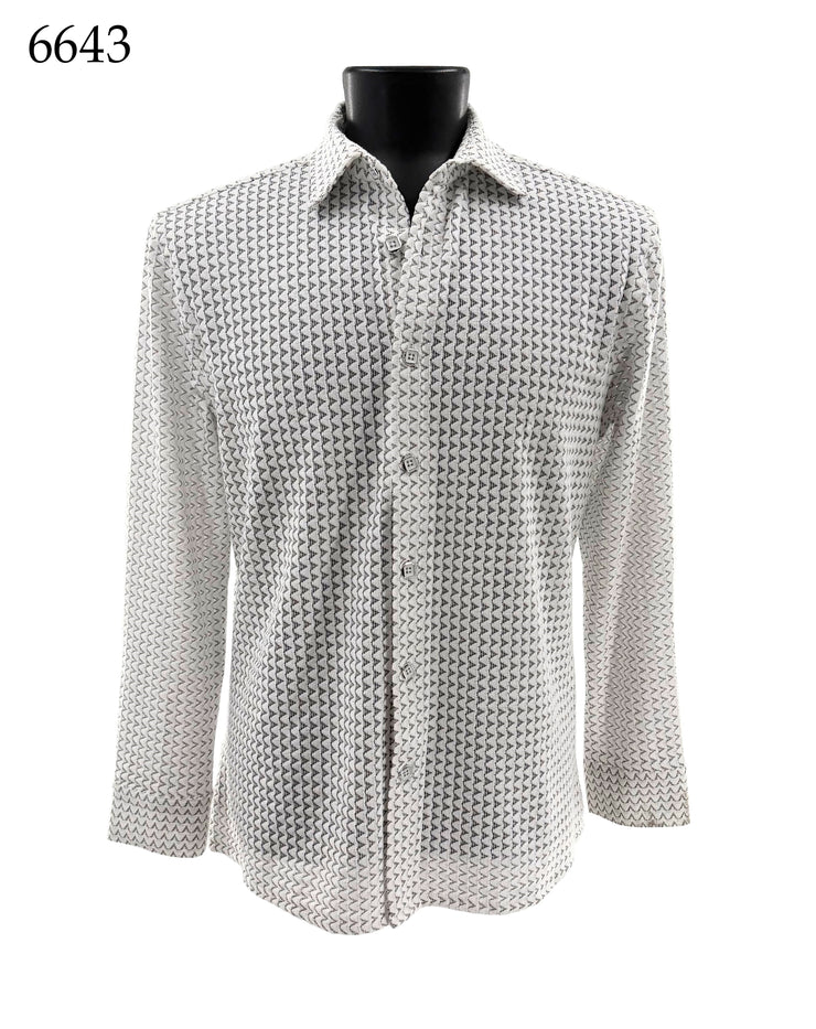 Bassiri Long Sleeve Button Down Casual Printed Men's Shirt - Zig Zag Stripes White #6643