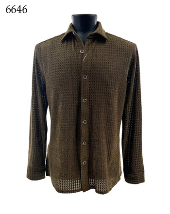 Bassiri Long Sleeve Button Down Casual Printed Men's Shirt - Zig Zag Stripes Olive #6646