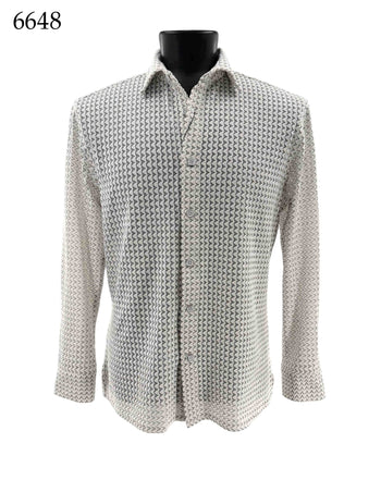 Bassiri Long Sleeve Button Down Casual Printed Men's Shirt - Zig Zag Stripes Ivory #6648