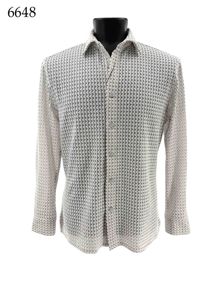 Bassiri Long Sleeve Button Down Casual Printed Men's Shirt - Zig Zag Stripes Ivory #6648