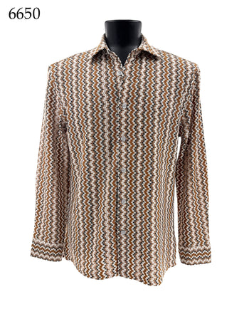 Bassiri Long Sleeve Button Down Casual Printed Men's Shirt - Chevron Brown #6650