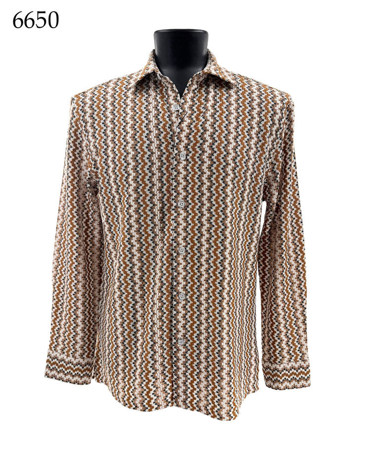 Bassiri Long Sleeve Button Down Casual Printed Men's Shirt - Chevron Brown #6650