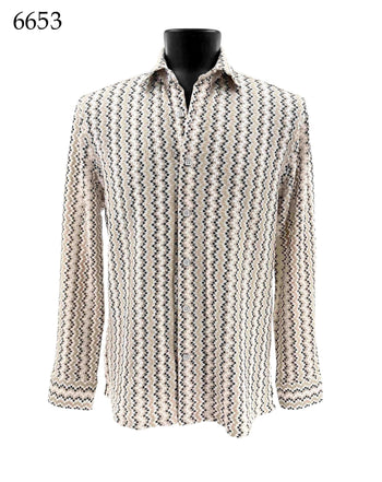Bassiri Long Sleeve Button Down Casual Printed Men's Shirt - Chevron Cream #6653