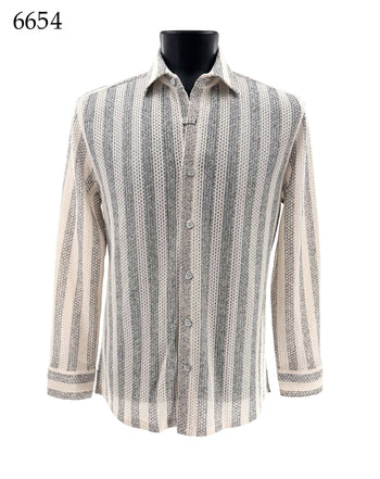 Bassiri Long Sleeve Button Down Casual Printed Men's Shirt - Stripes Cream #6654