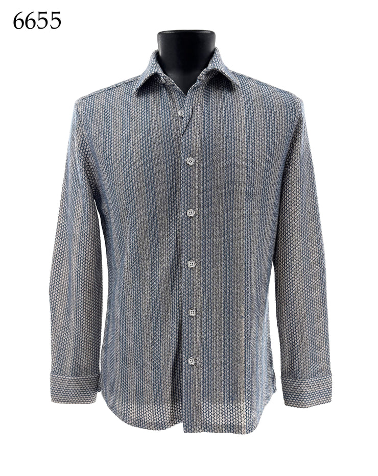 Bassiri Long Sleeve Button Down Casual Printed Men's Shirt - Stripes Blue #6655