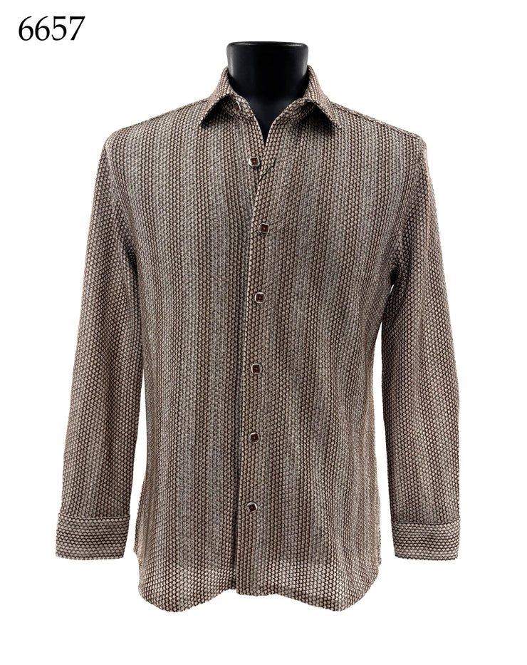 Bassiri Long Sleeve Button Down Casual Printed Men's Shirt - Stripes Brown #6657