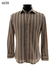 Bassiri Long Sleeve Button Down Casual Printed Men's Shirt - Stripes Khaki #6658
