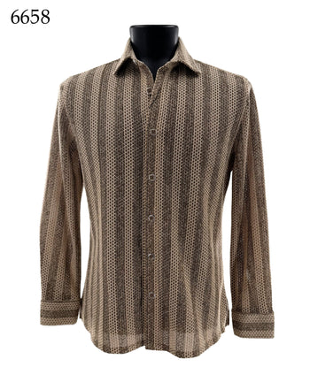 Bassiri Long Sleeve Button Down Casual Printed Men's Shirt - Stripes Khaki #6658