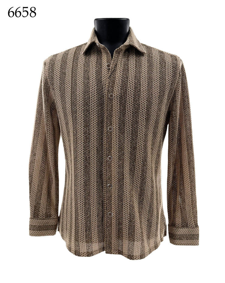 Bassiri Long Sleeve Button Down Casual Printed Men's Shirt - Stripes Khaki #6658