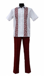 Bassiri 2pc Set Men's Short Sleeve Walking Suit - Greek Key Pattern White & Red #A 135
