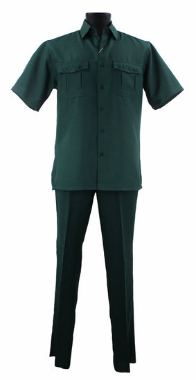Bassiri 2pc Set Men's Short Sleeve Walking Suit - Solid Pattern Emerald Green #A 138