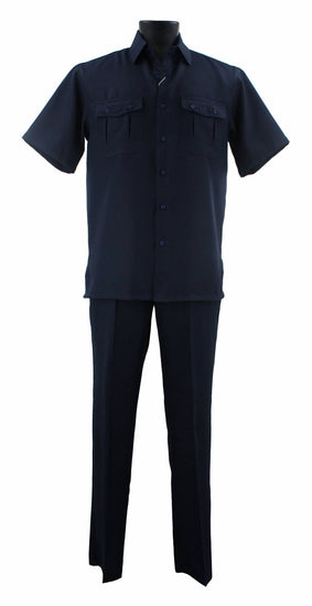 Bassiri 2pc Set Men's Short Sleeve Walking Suit - Solid Pattern Navy #A 138