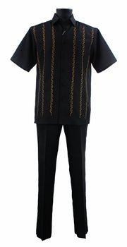 Bassiri 2pc Set Men's Short Sleeve Walking Suit - Lines Pattern Black #A 139