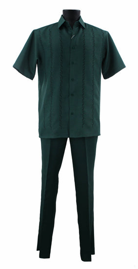 Bassiri 2pc Set Men's Short Sleeve Walking Suit - Lines Pattern Emerald Green #A 139