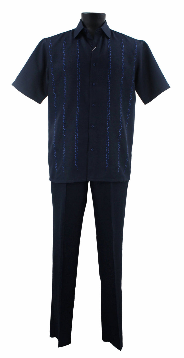 Bassiri 2pc Set Men's Short Sleeve Walking Suit - Lines Pattern Navy #A 139