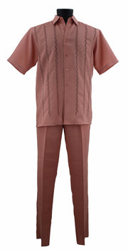 Bassiri 2pc Set Men's Short Sleeve Walking Suit - Lines Pattern Peach #A 139