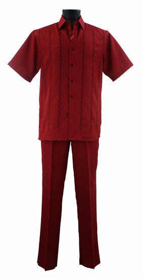 Bassiri 2pc Set Men's Short Sleeve Walking Suit - Lines Pattern Red #A 139
