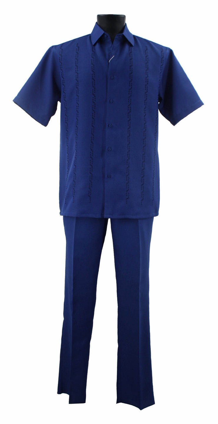 Bassiri 2pc Set Men's Short Sleeve Walking Suit - Lines Pattern Royal Blue #A 139