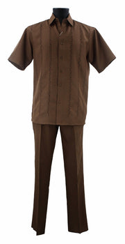 Bassiri 2pc Set Men's Short Sleeve Walking Suit - Lines Pattern Toast #A 139