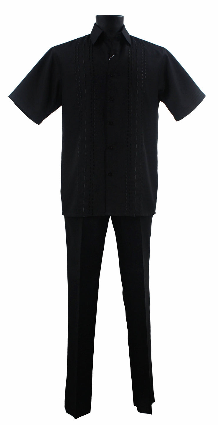 Bassiri 2pc Set Men's Short Sleeve Walking Suit - Dash Lines Pattern Black #A 140