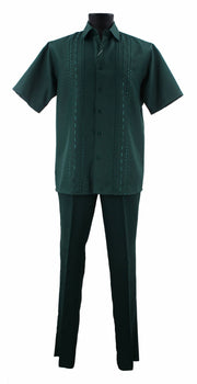 Bassiri 2pc Set Men's Short Sleeve Walking Suit - Dash Lines Pattern Emerald Green #A 140