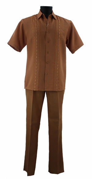 Bassiri 2pc Set Men's Short Sleeve Walking Suit - Dash Lines Pattern Gold #A 140