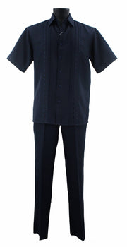 Bassiri 2pc Set Men's Short Sleeve Walking Suit - Dash Lines Pattern Navy #A 140