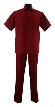 Bassiri 2pc Set Men's Short Sleeve Walking Suit - Dash Lines Pattern Red #A 140