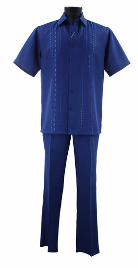 Bassiri 2pc Set Men's Short Sleeve Walking Suit - Dash Lines Pattern Royal Blue #A 140