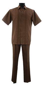 Bassiri 2pc Set Men's Short Sleeve Walking Suit - Dash Lines Pattern Toast #A 140