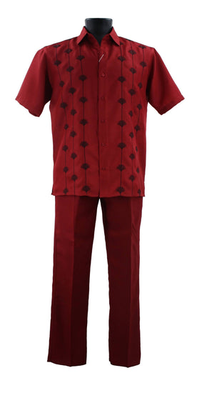 Bassiri 2pc Set Men's Short Sleeve Walking Suit -Vertical Shell Pattern Red #A 141