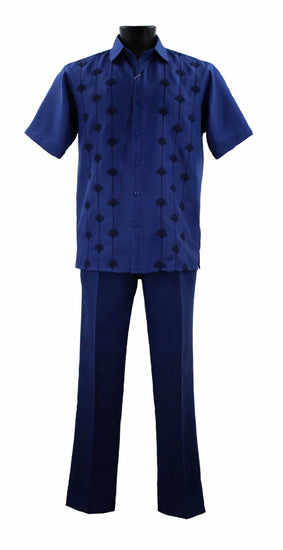 Bassiri 2pc Set Men's Short Sleeve Walking Suit -Vertical Shell Pattern Royal Blue #A 141