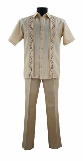 Bassiri 2pc Set Men's Short Sleeve Walking Suit -Vertical Leaf Pattern Banana #A 142