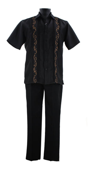 Bassiri 2pc Set Men's Short Sleeve Walking Suit -Vertical Leaf Pattern Black #A 142