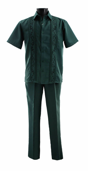 Bassiri 2pc Set Men's Short Sleeve Walking Suit -Vertical Leaf Pattern Emerald #A 142