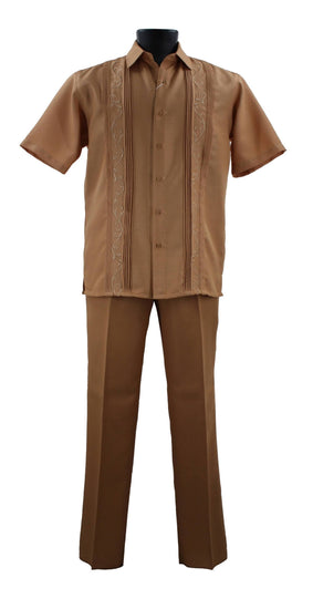 Bassiri 2pc Set Men's Short Sleeve Walking Suit -Vertical Leaf Pattern Gold #A 142