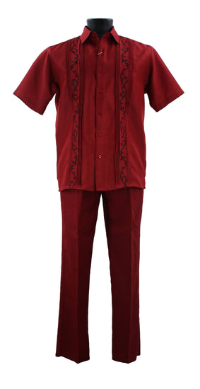 Bassiri 2pc Set Men's Short Sleeve Walking Suit -Vertical Leaf Pattern Red #A 142