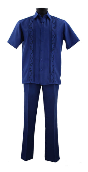 Bassiri 2pc Set Men's Short Sleeve Walking Suit -Vertical Leaf Pattern Royal Blue #A 142