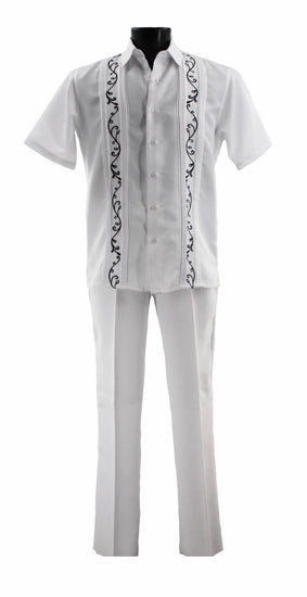 Bassiri 2pc Set Men's Short Sleeve Walking Suit -Vertical Leaf Pattern White #A 142