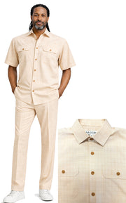 Bassiri 2pc Set Men's Short Sleeve Walking Suit - Grid Pattern Beige #A 144
