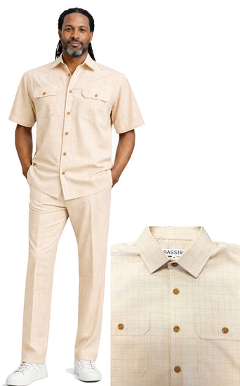 Bassiri 2pc Set Men's Short Sleeve Walking Suit - Grid Pattern Beige #A 144