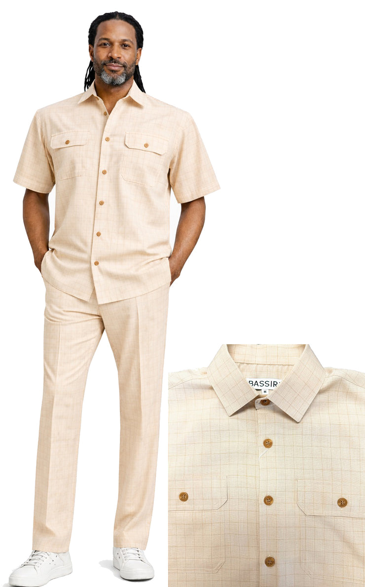 Bassiri 2pc Set Men's Short Sleeve Walking Suit - Grid Pattern Beige #A 144