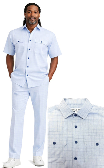 Bassiri 2pc Set Men's Short Sleeve Walking Suit - Grid Pattern Blue #A 144