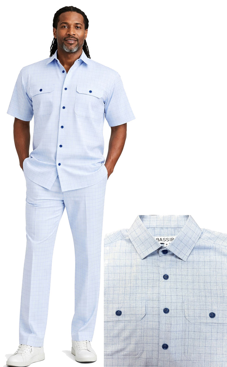 Bassiri 2pc Set Men's Short Sleeve Walking Suit - Grid Pattern Blue #A 144