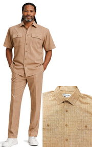 Bassiri 2pc Set Men's Short Sleeve Walking Suit - Grid Pattern Brown #A 144