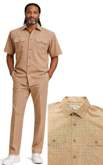 Bassiri 2pc Set Men's Short Sleeve Walking Suit - Grid Pattern Brown #A 144