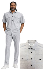 Bassiri 2pc Set Men's Short Sleeve Walking Suit - Grid Pattern Grey #A 144