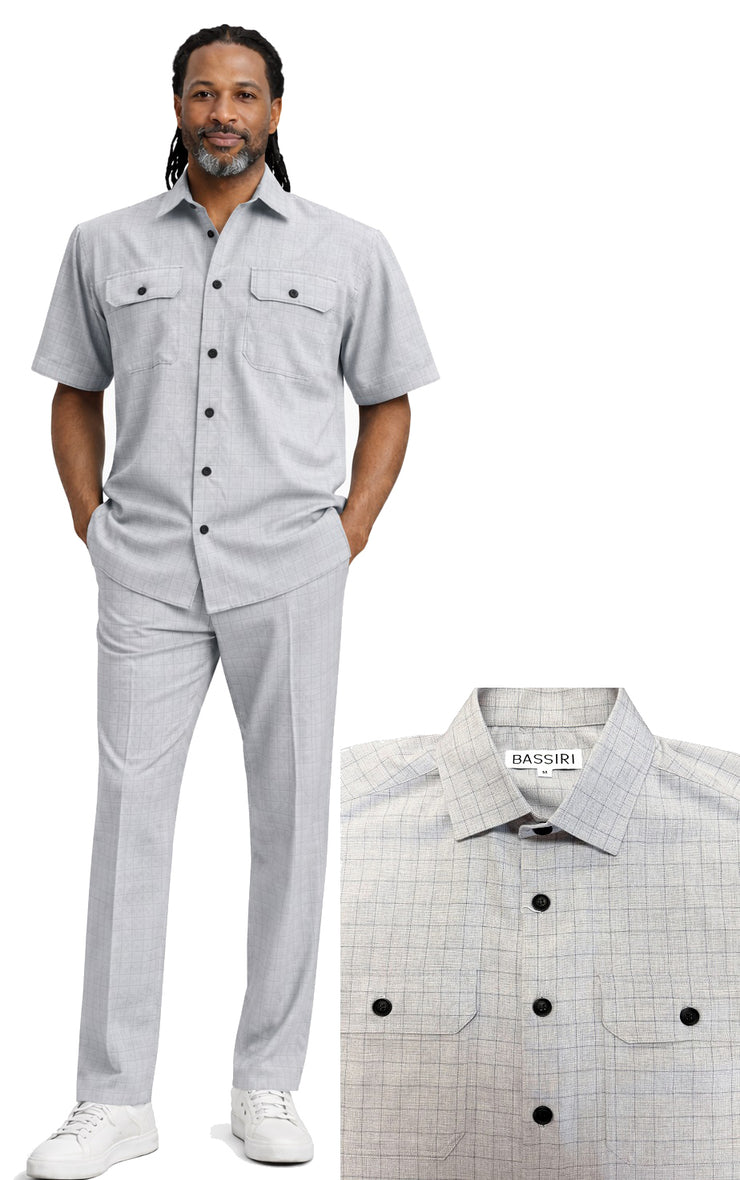 Bassiri 2pc Set Men's Short Sleeve Walking Suit - Grid Pattern Grey #A 144