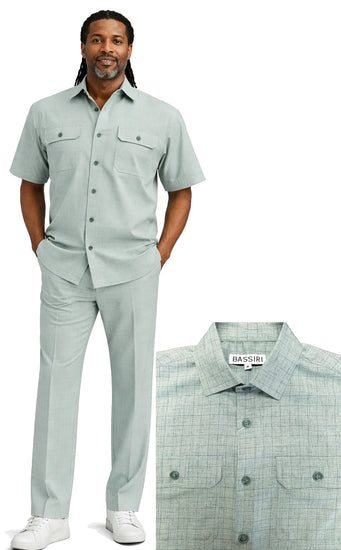 Bassiri 2pc Set Men's Short Sleeve Walking Suit - Grid Pattern Teal #A 144